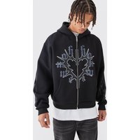 Mens Boxy Graphic Heart Zip Through Hoodie - Schwarz - M, Schwarz von boohooman