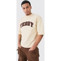 Mens Boxy Half Sleeve Borg Applique T-shirt - Beige - M, Beige von boohooman