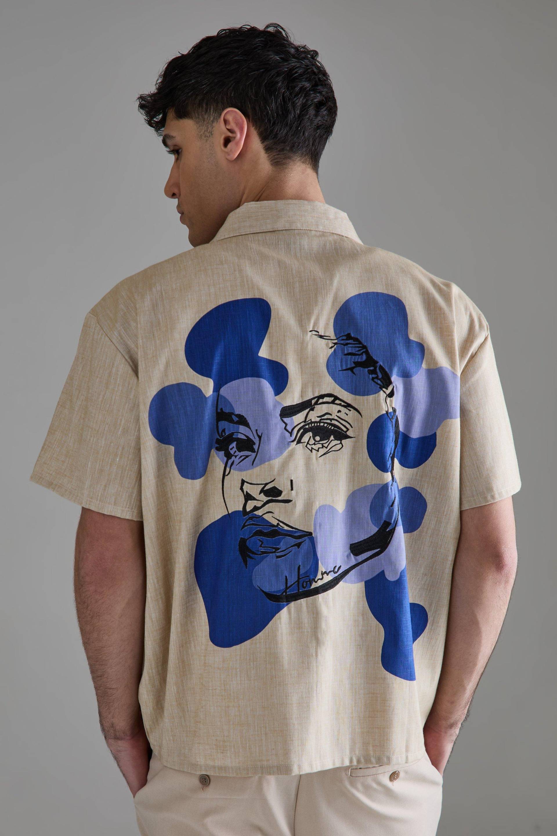 Mens Boxy Linen Back Embroidered Shirt - natural - L, natural von boohooman