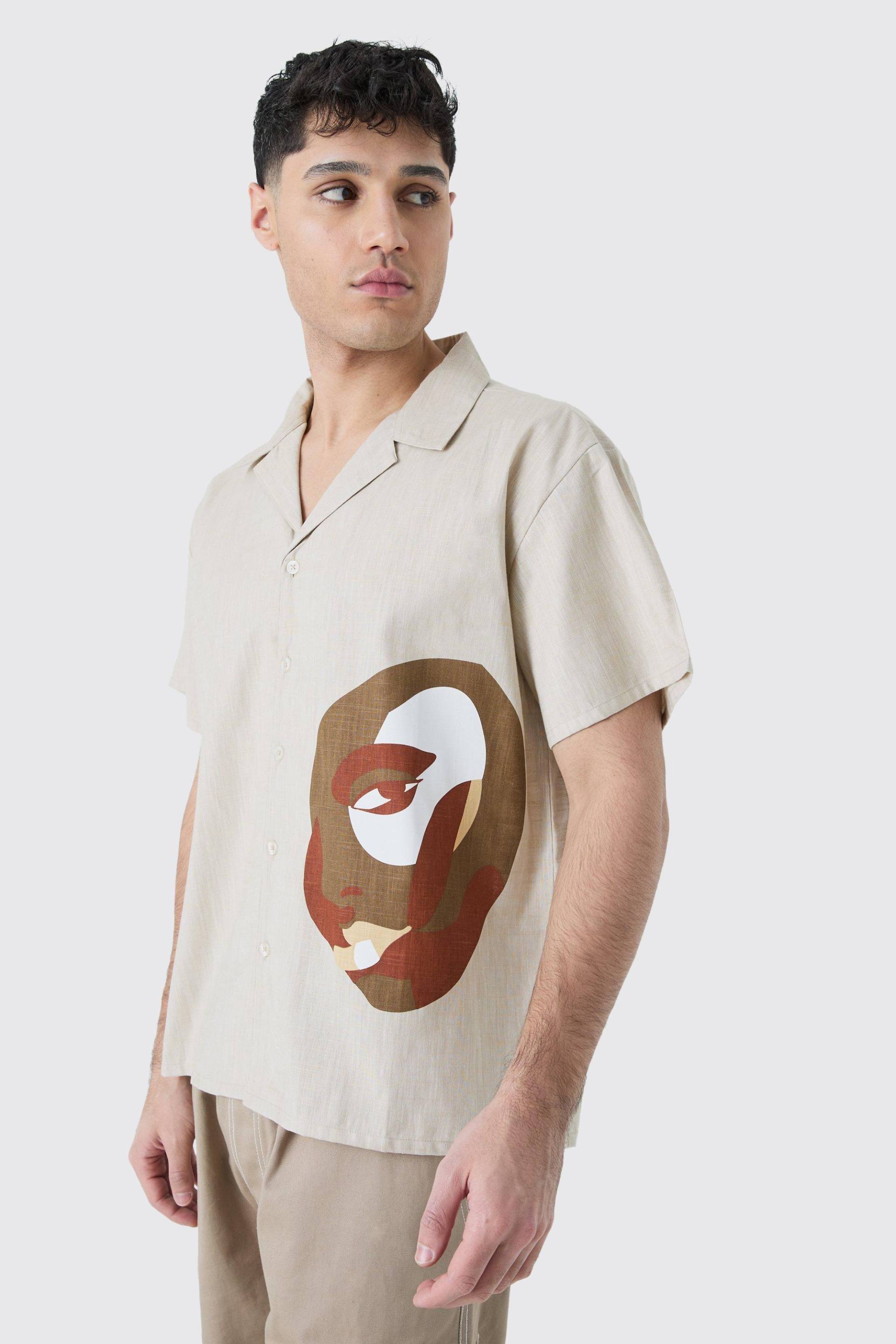 Mens Boxy Linen Look Hem Placement Print Shirt - natural - M, natural von boohooman