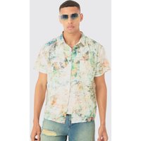 Mens Boxy Linen Look Watercolour Shirt - Grün - XL, Grün von boohooman