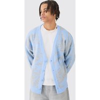 Mens Boxy Oversized Brushed Abstract All Over Jacquard Cardigan - Blau - L, Blau von boohooman