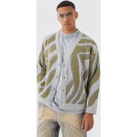 Mens Boxy Oversized Brushed Abstract All Over Jacquard Cardigan - Grau - L, Grau von boohooman