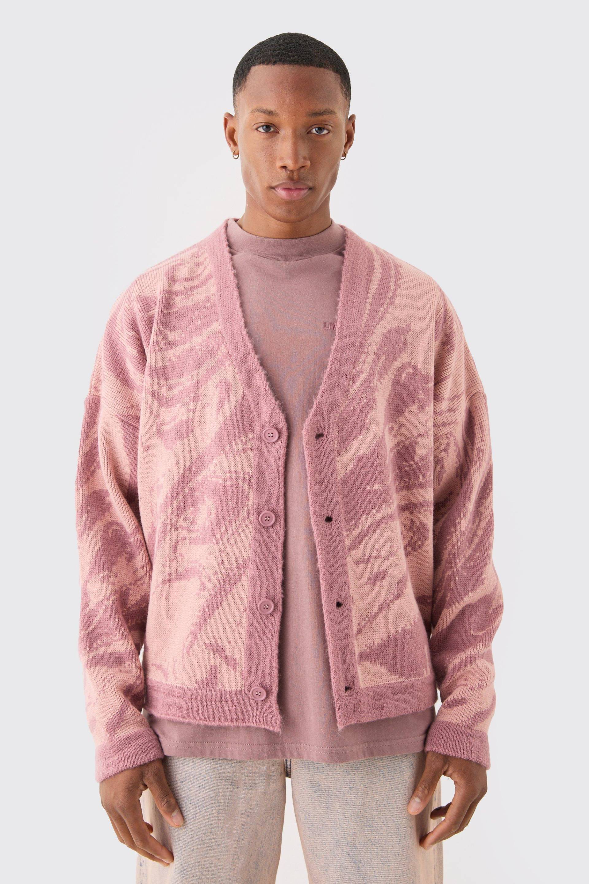 Mens Boxy Oversized Brushed Abstract All Over Jacquard Cardigan - Rosa - M, Rosa von boohooman