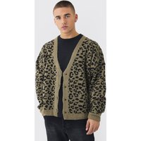 Mens Boxy Oversized Brushed Leopard All Over Jacquard Cardigan - Khaki - XL, Khaki von boohooman