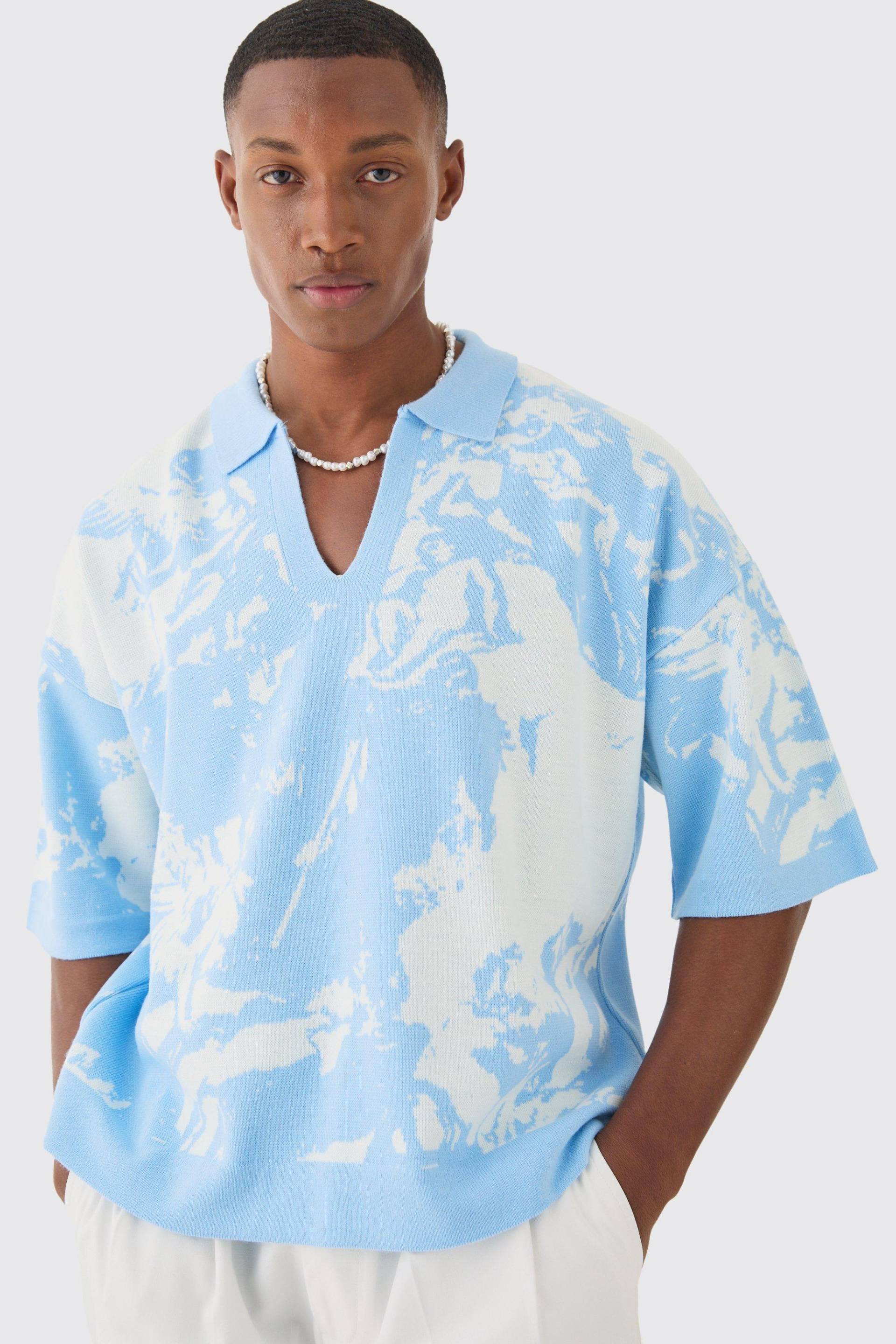 Mens Boxy Oversized Renaissance Graphic Knit Polo - Blau - L, Blau von boohooman