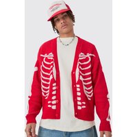 Mens Boxy Oversized Skeleton Jacquard Cardigan - Rot - L, Rot von boohooman