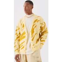 Mens Boxy Oversized Tonal Abstract Jacquard Cardigan - Gelb - M, Gelb von boohooman