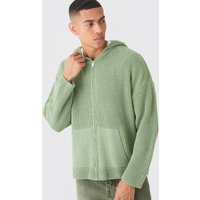 Mens Boxy Ribbed Knitted Zip Through Hoodie - Grün - XL, Grün von boohooman