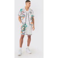 Kastiges Viskose-Hemd und Shorts mit Drachen-Print - Grau - M, Grau von boohooman