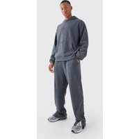 Mens Brushed Rib Ottoman Hoodie And Split Hem Jogger Tracksuit - Grau - L, Grau von boohooman