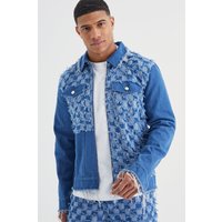 Mens Gespleißte Jeansjacke mit Schachbrett-Print - Blau - L, Blau von boohooman