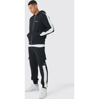 Colorblock Trainingsanzug mit Cargo-Tasche, Reißverschluss und Kapuze - Schwarz - S, Schwarz von boohooman