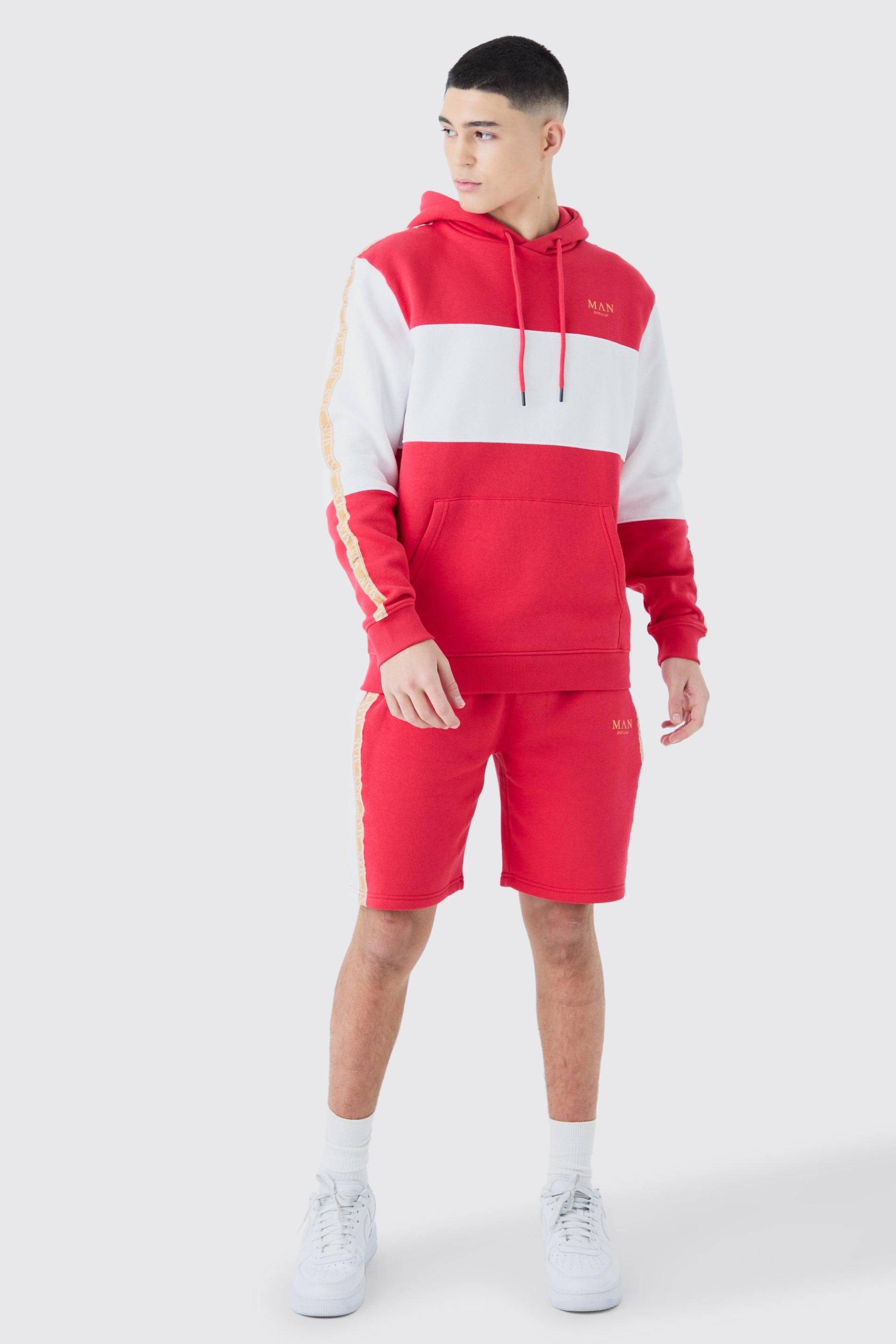 Mens Colour Block Man Tape Short Tracksuit - Rot - XL, Rot von boohooman