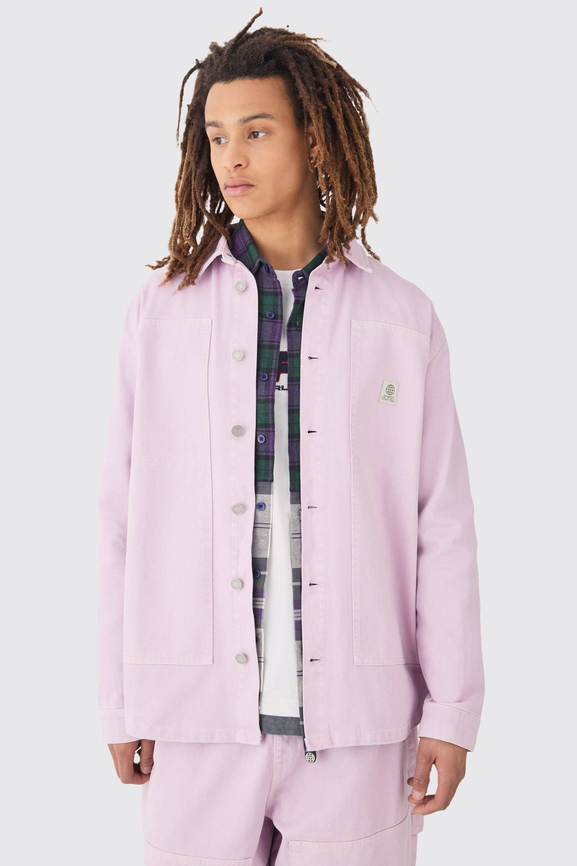 Mens Crinkle Denim Overdyed Carpenter Detail Overshirt In Lilac - XS, Lila von boohooman