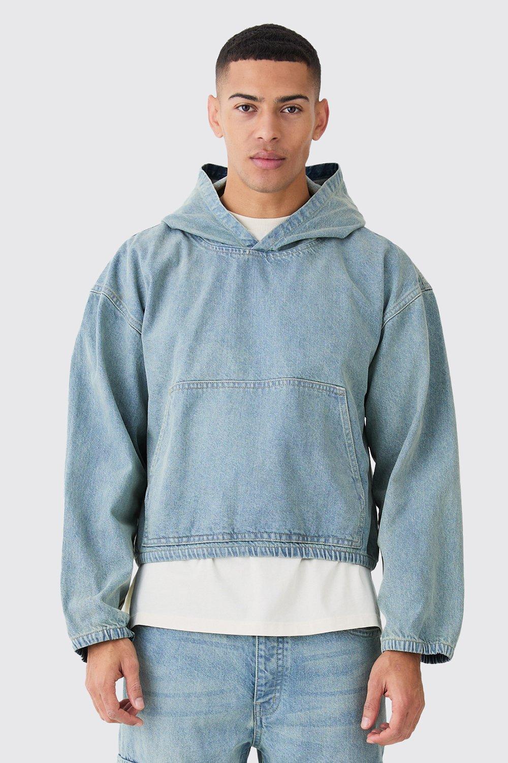 Mens Kastiger Denim-Hoodie - Blau - M, Blau von boohooman