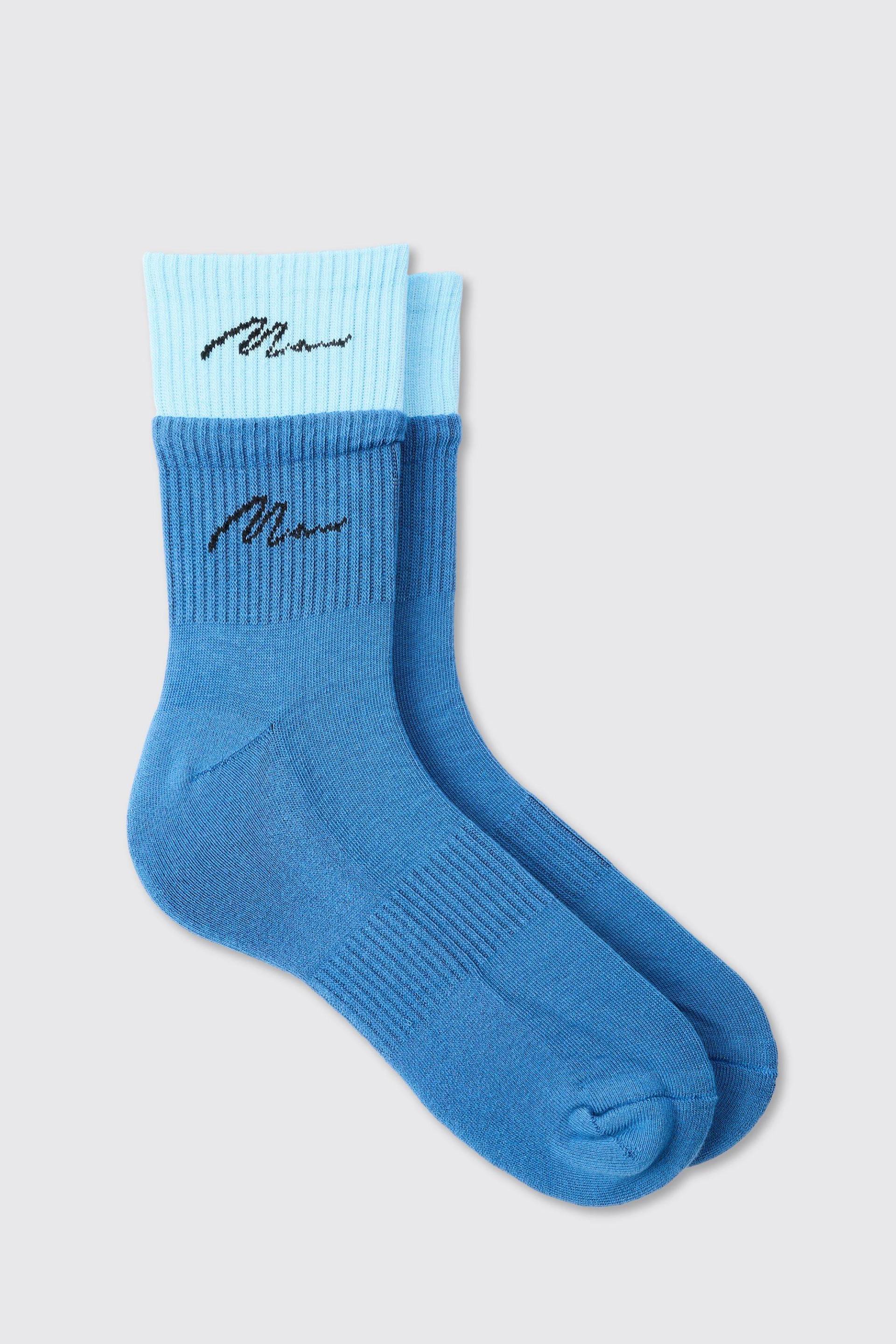 Mens Double Layer Man Signature Sports Socks - Blau - ONE SIZE, Blau von boohooman