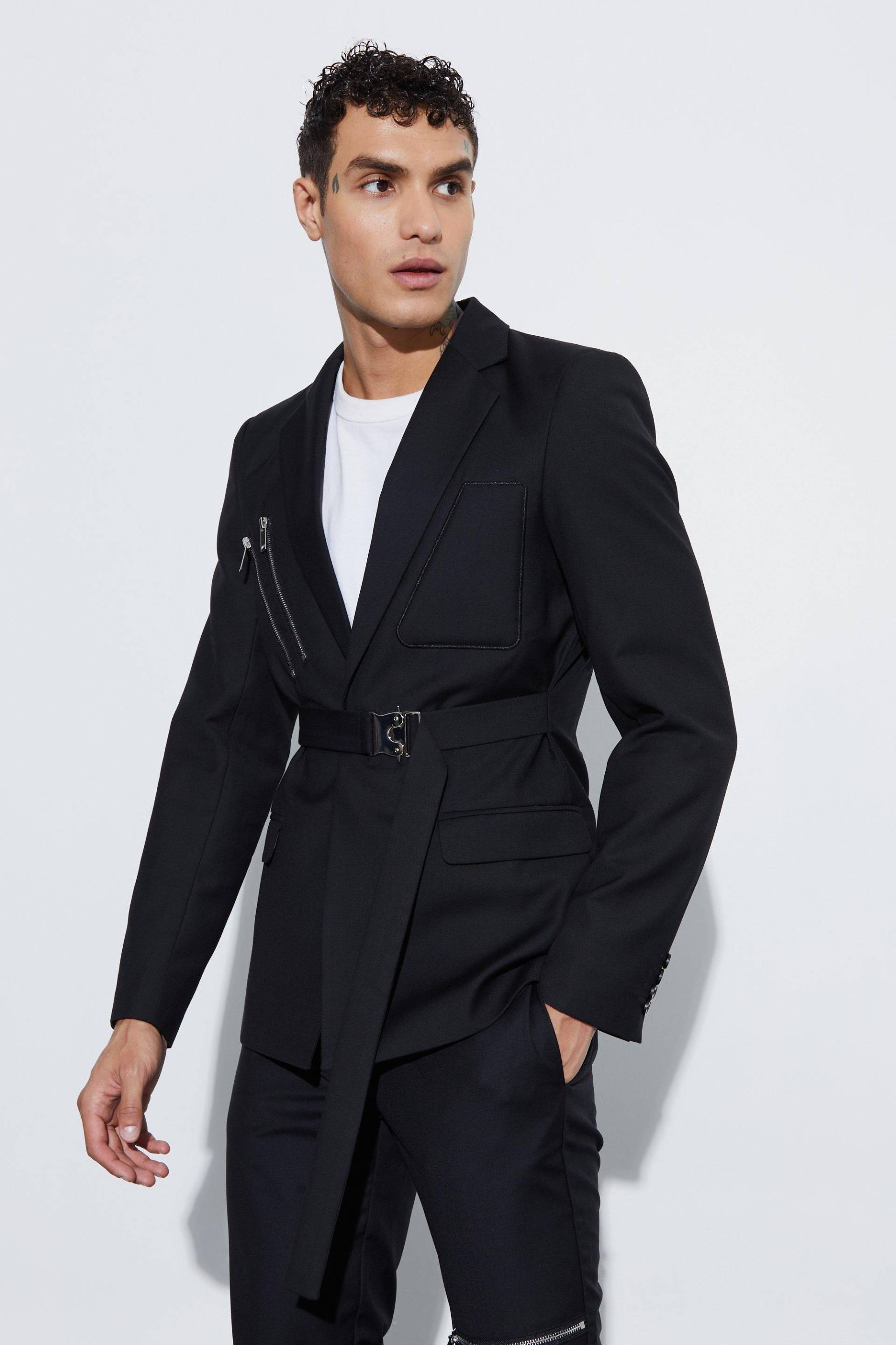 Mens Einreihiger Skinny Blazer mit Wickel-Gürtel - Schwarz - 40, Schwarz von boohooman