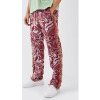 Mens Elastic Waist Straight Leg Frayed Tapestry Trouser - Rot - M, Rot von boohooman