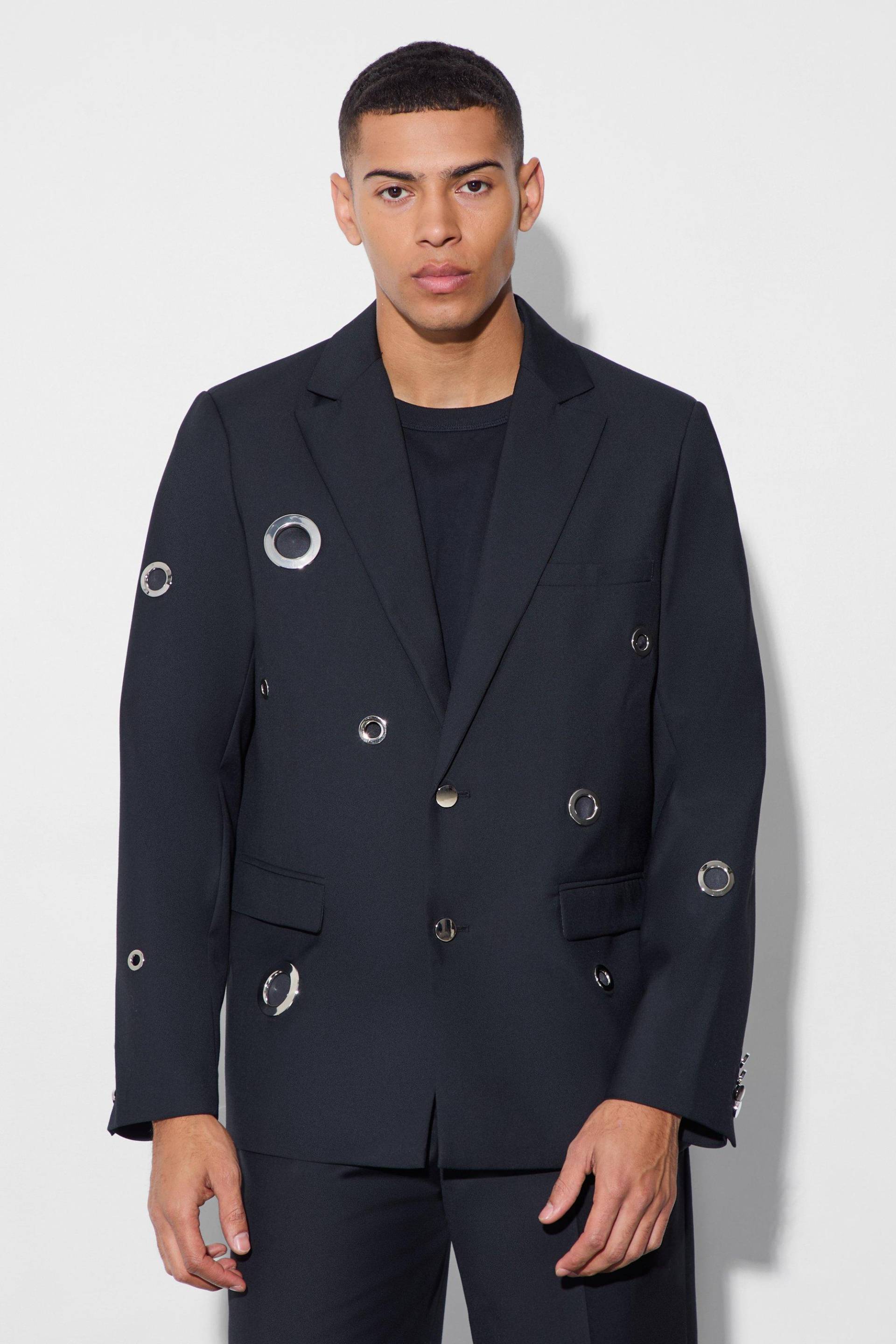 Mens Eyelet Cut Out Oversized Blazer - Schwarz - 40, Schwarz von boohooman