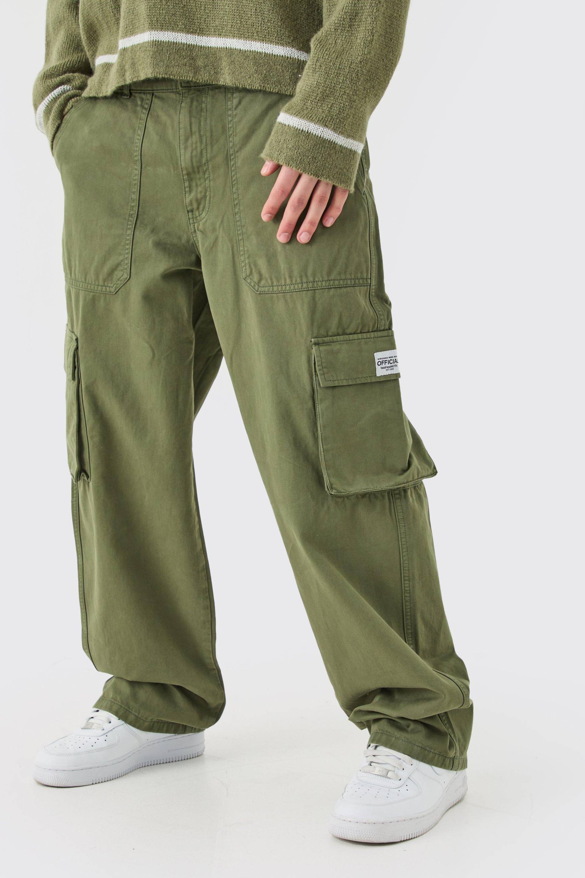 Mens Fixed Waist Cargo Zip Trouser With Woven Tab - Khaki - L, Khaki von boohooman