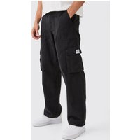 Mens Fixed Waist Cargo Zip Trouser With Woven Tab - Schwarz - XS, Schwarz von boohooman