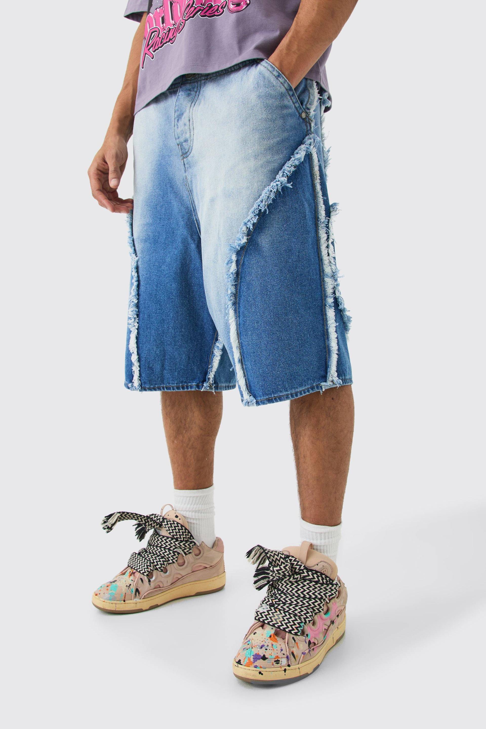 Mens Frayed Edge Denim Jorts In Light Blue - Blau - 36, Blau von boohooman