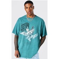 Mens Gefärbtes Oversize T-Shirt mit Tauben-Print - Grün - L, Grün von boohooman