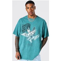 Gefärbtes Oversize T-Shirt mit Tauben-Print - Grün - L, Grün von boohooman
