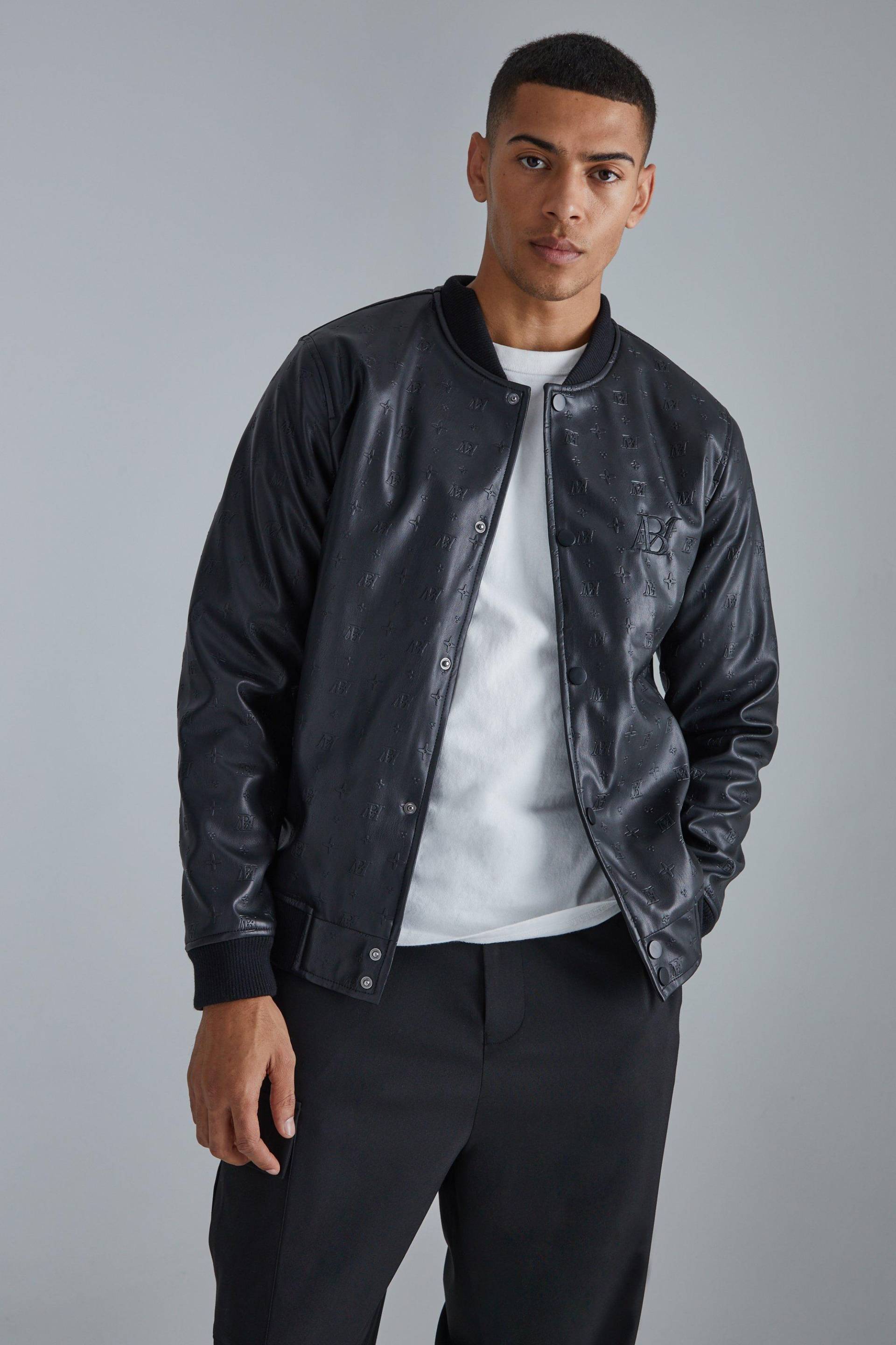 Mens Geprägte PU-Jacke mit Aufnäher - Schwarz - M, Schwarz von boohooman