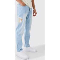 Mens Gerade Jeans mit Applikation - Blau - 32R, Blau von boohooman