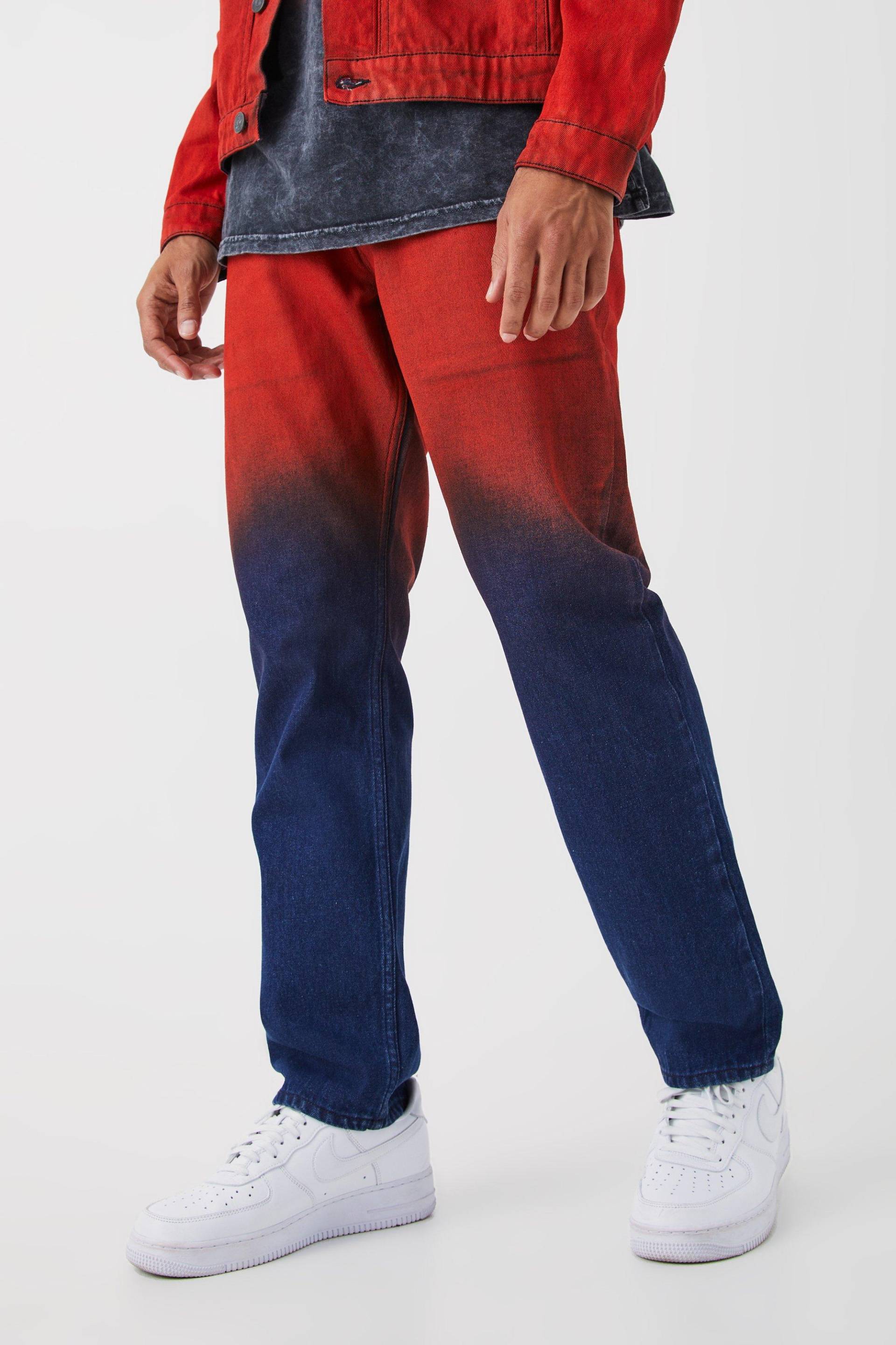 Mens Gerade Jeans mit Farbverlauf - Rot - 34R, Rot von boohooman