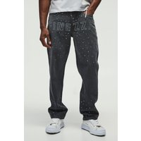 Gerade Jeans mit Strass-Slogan - Grau - 30R, Grau von boohooman