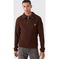 Mens Gerippter Strick-Pullover mit 1/4 Reißverschluss und Trichterkragen - Braun - L, Braun von boohooman