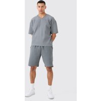 Mens Heavyweight Ribbed Washed Half Sleeve Sweatshirt & Short Set - Grau - S, Grau von boohooman