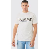 Mens Homme Embroidered Graphic T-shirt - Ecru - XL, Ecru von boohooman