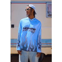 Mens Homme Flame V Neck Mesh Long Sleeve T-shirt - Blau - S, Blau von boohooman