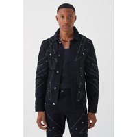 Mens Jeansjacke mit Nieten und Kontrast-Naht - Schwarz - XL, Schwarz von boohooman