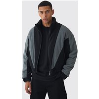 Kastige Colorblock Fleece-Jacke in Schwarz mit Trichterkragen - S, Schwarz von boohooman