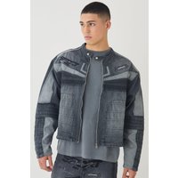 Kastige Denim Bikerjacke mit Moto-Applikation - Grau - M, Grau Kastige Denim Bikerjacke mit Moto-Applikation - Grau - M, Grau von boohooman