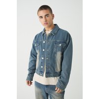 Kastige Jeansjacke mit Fischgräten-Print - Blau - M, Blau von boohooman