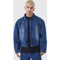 Mens Kastige Jeansjacke mit Text Laser-Print - Blau - M, Blau von boohooman