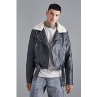 Mens Kastige PU-Bikerjacke mit Borg-Kragen - Grau - XL, Grau von boohooman