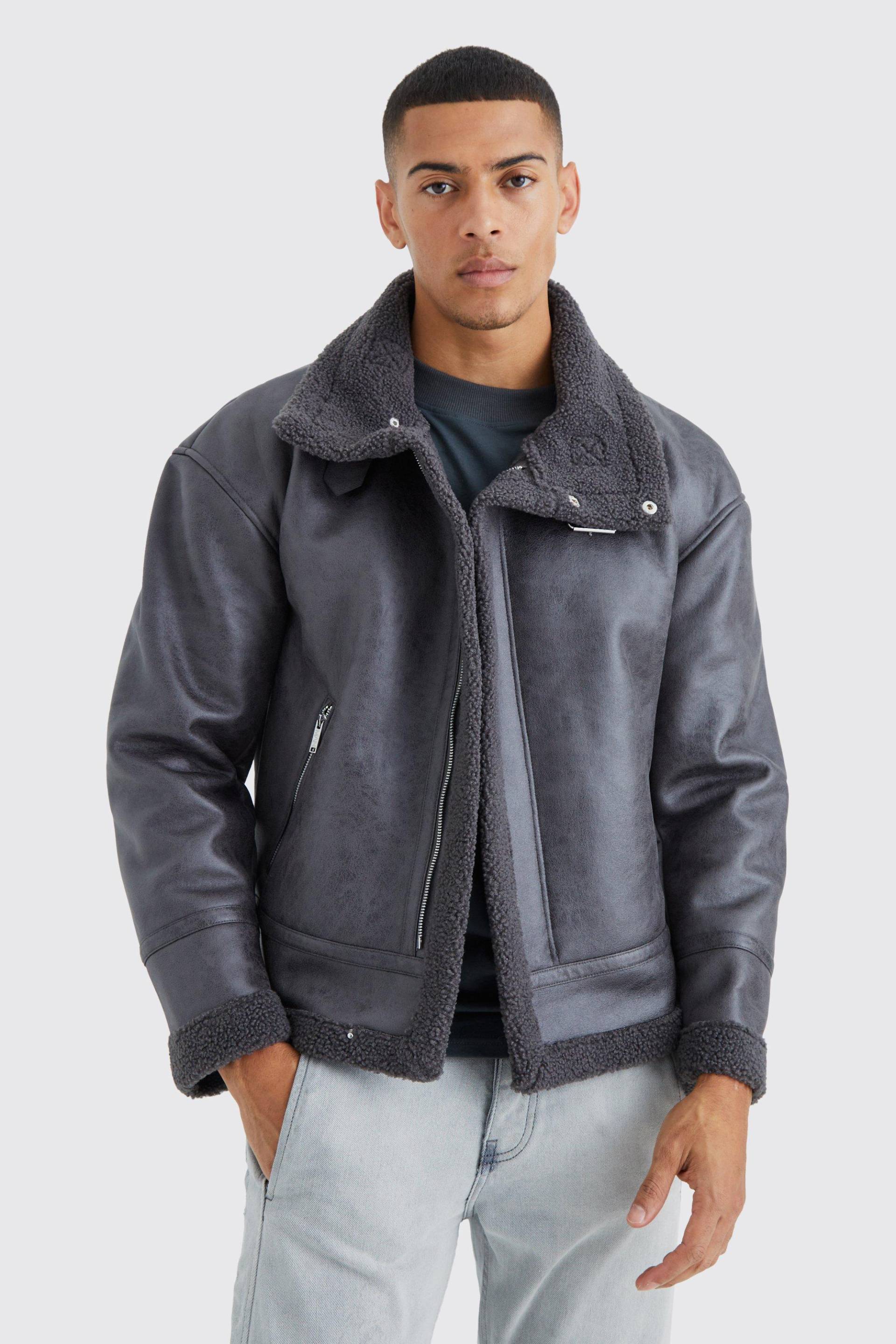 Mens Kastige PU-Fliegerjacke - Grau - XS, Grau von boohooman