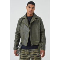 Mens Kastige Vintage PU-Bikerjacke - Grün - M, Grün von boohooman