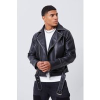 Mens Kastige Vintage PU-Bikerjacke - Schwarz - L, Schwarz von boohooman