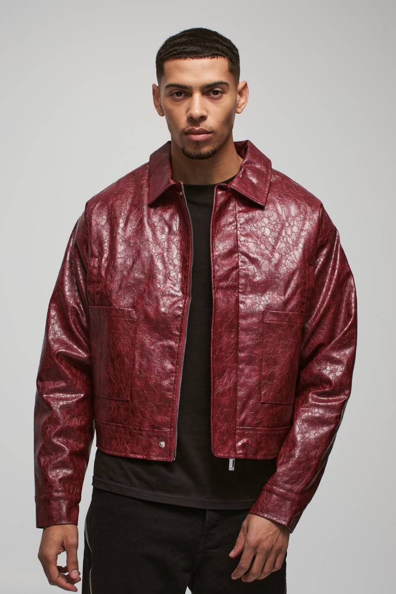 Kastige strukturierte PU Harrington-Jacke in Braun - Rot - M, Rot Kastige strukturierte PU Harrington-Jacke in Braun - Rot - M, Rot von boohooman