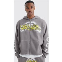 Mens Kastiger Hoodie mit Worldwide Graffiti Print und Reißverschluss - Grau - L, Grau von boohooman