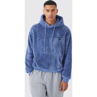 Mens Kastiger Oversize Borg-Hoodie mit Gummi-Etikett - Blau - M, Blau von boohooman