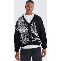 Mens Kastiger Oversize Cardigan mit Print - Schwarz - L, Schwarz von boohooman